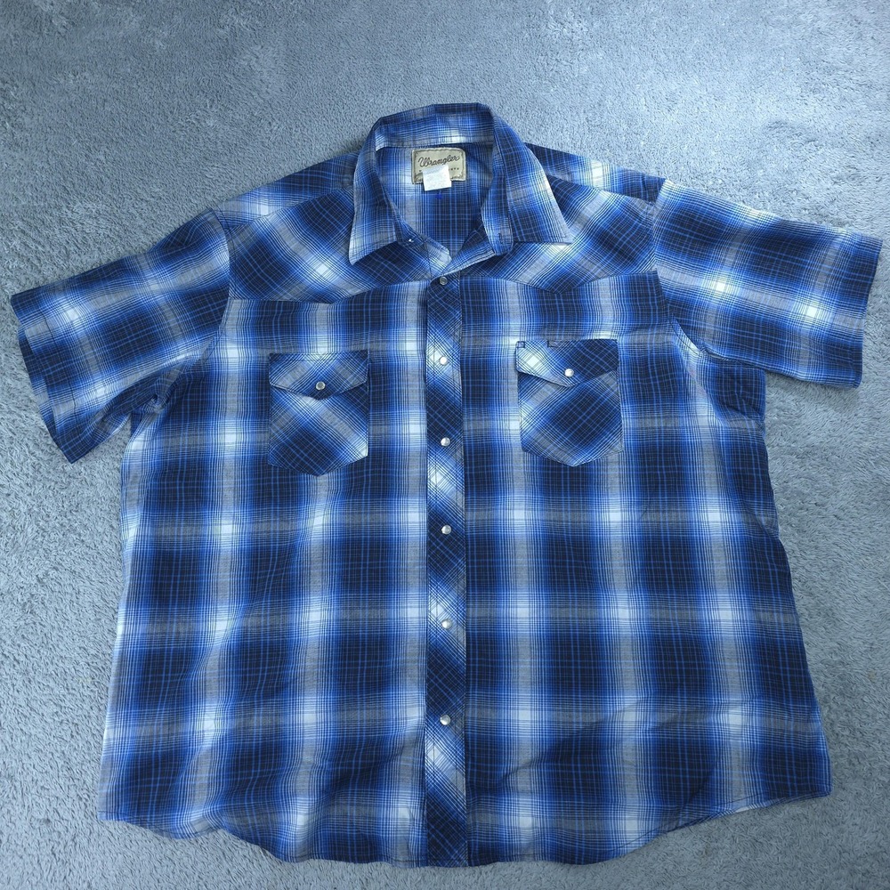 Wrangler Western Shirt Mens 2XL Big Blue Plaid Short Sleeve Snap Pockets Casual